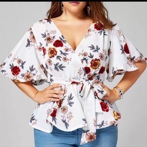 Floral Print Belted Surplice Peplum Blouse V-Neck sizes L - XXL Top NEW!